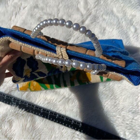 Stunning Vintage Blue & Yellow Pearled Tulip Handbag - Picture 7 of 12